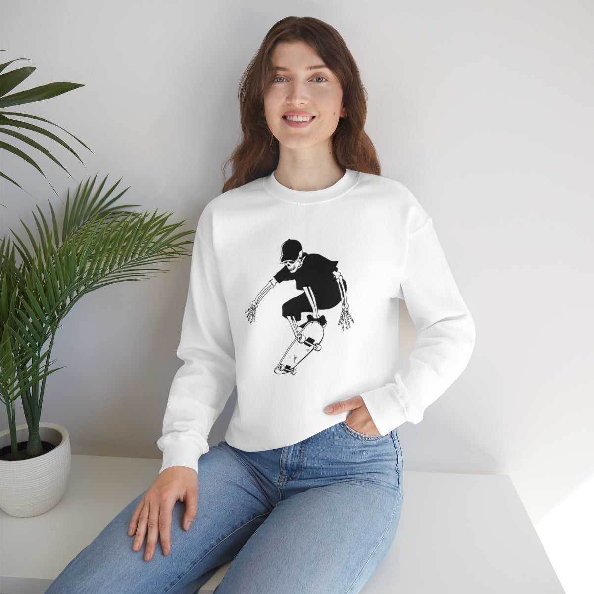 Skateboarding Skeleton Sweatshirt, Halloween Crewneck Sweatshirt, Halloween Sweater, Spooky Season, Fall Theme on Unisex Heavy Blend™ Crewneck Sweatshirt