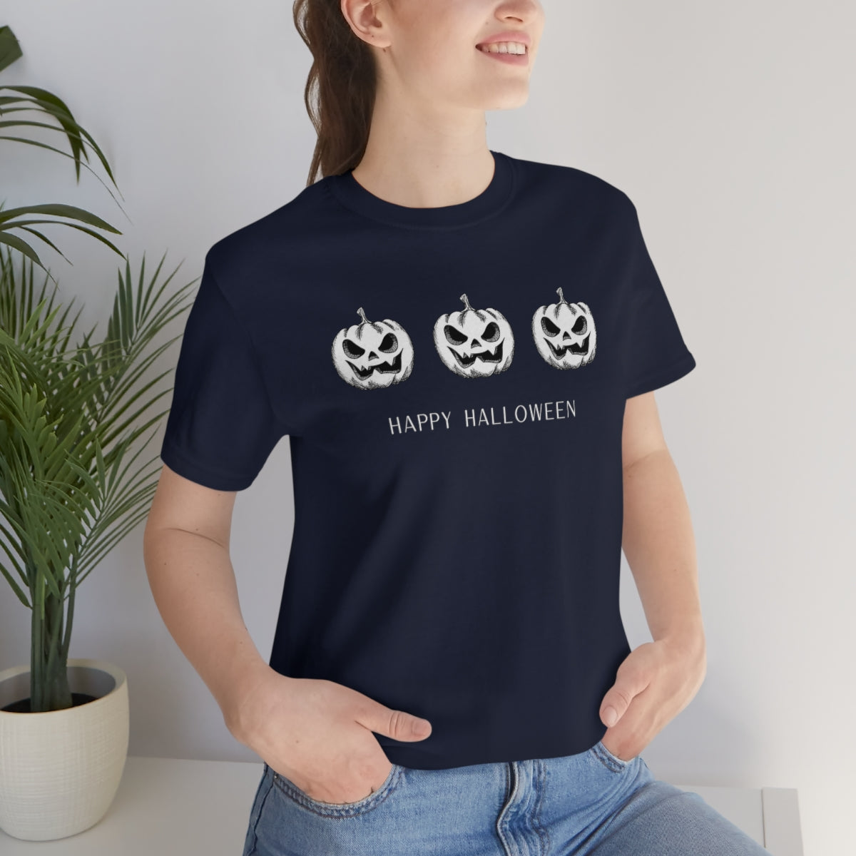 Three Pumpkin Happy Halloween, Pumpkin Tshirt, Funny TShirt Design on Unisex Jersey Short Sleeve Tee