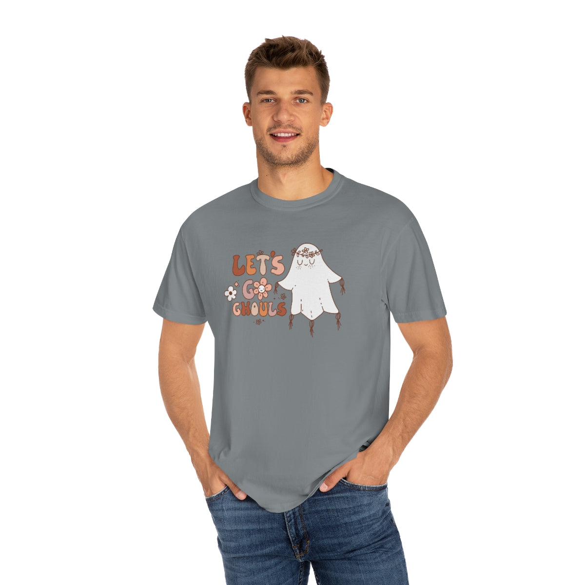 Let's Go Ghouls Cute Ghost with Retro Lettering Design, Halloween Tshirt, Funny Tshirt Design on Unisex Garment-Dyed T-shirt