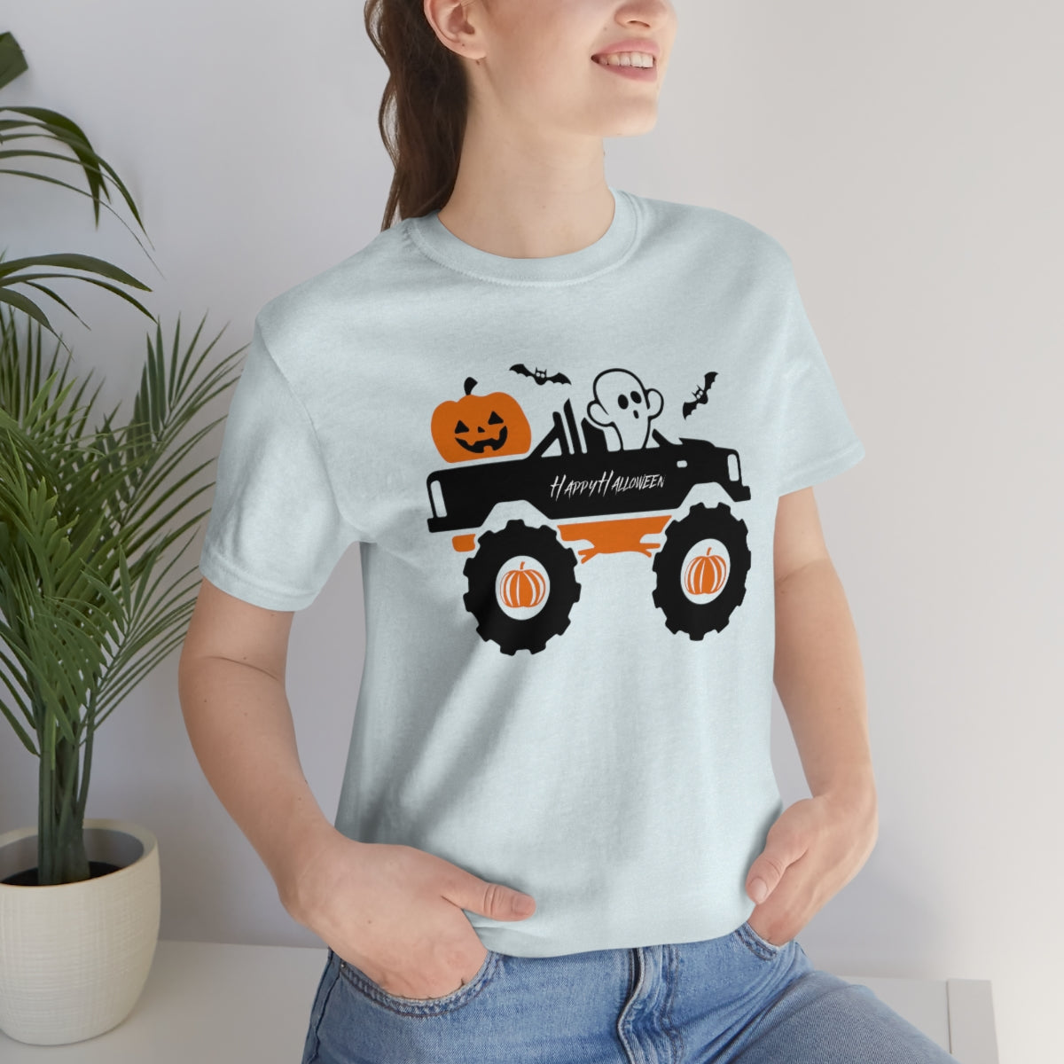 Big Rig Ghost Happy Halloween, Pumpkin Tshirt, Funny TShirt Design on Unisex Jersey Short Sleeve Tee