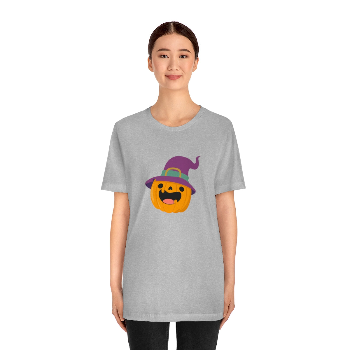 Pumpkin with Purple Hat Happy Halloween Tshirt, Funny Halloween T-Shirt Design on Unisex Jersey Short Sleeve Tee