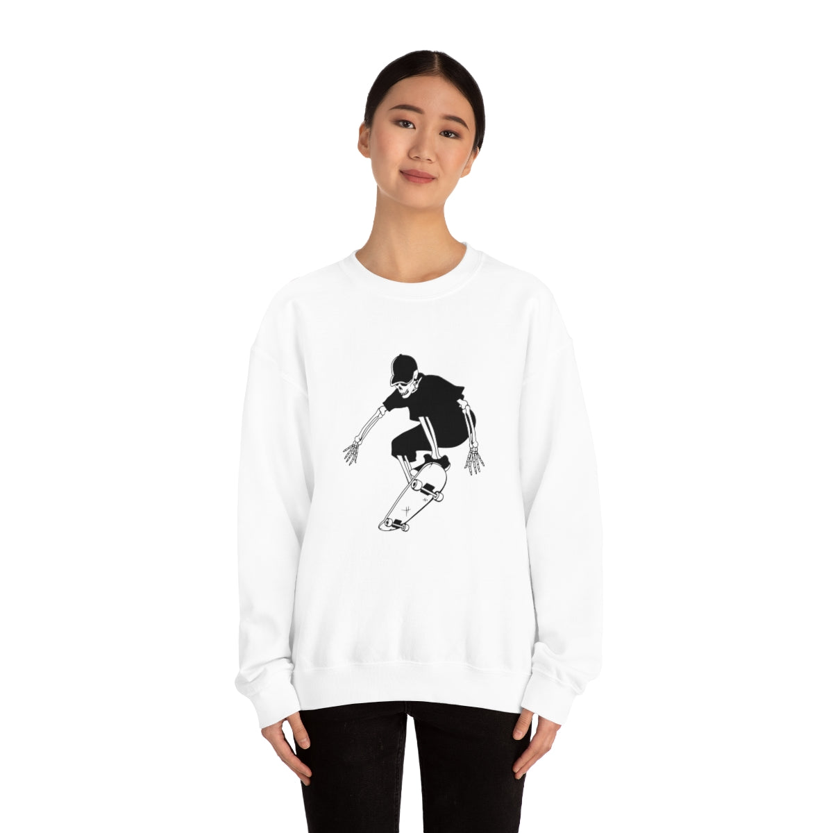 Skateboarding Skeleton Sweatshirt, Halloween Crewneck Sweatshirt, Halloween Sweater, Spooky Season, Fall Theme on Unisex Heavy Blend™ Crewneck Sweatshirt