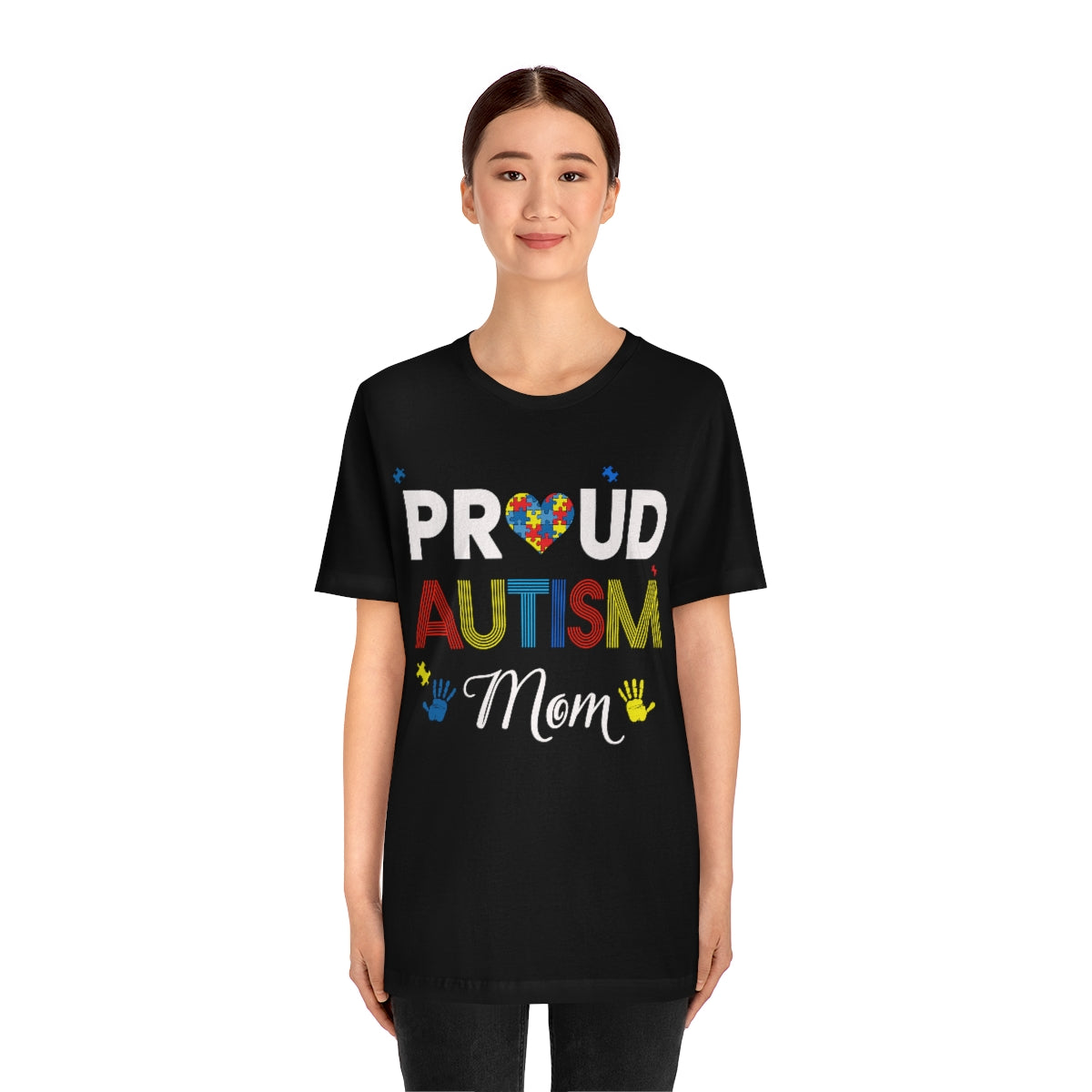 Proud Autism Mom with Handprints Puzzle Pieces Tshirt