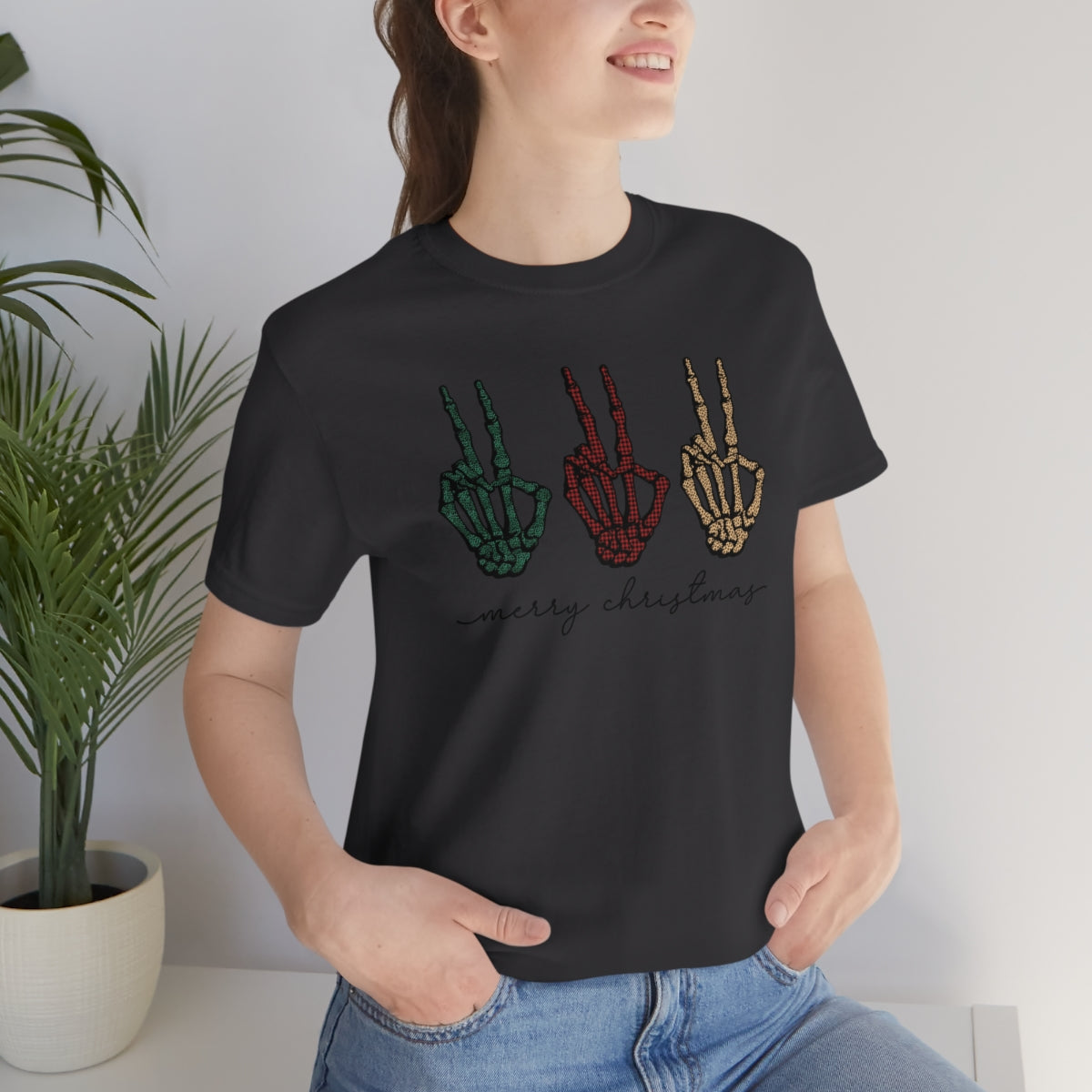 Three Peace Signs Skeleton Hands Spooky Merry Christmas Script Tshirt