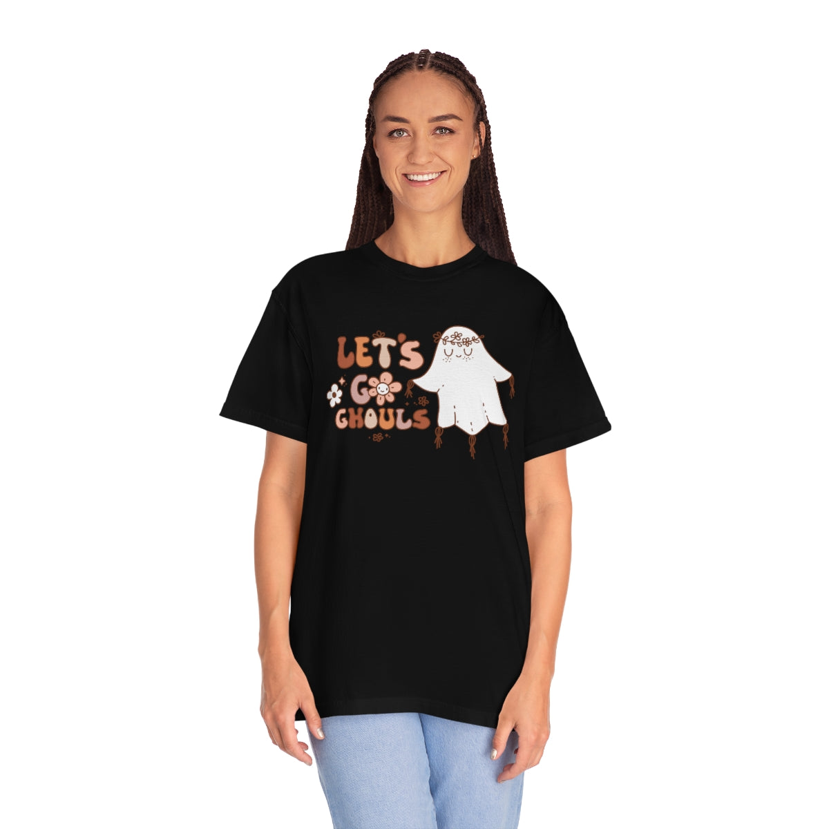 Let's Go Ghouls Cute Ghost with Retro Lettering Design, Halloween Tshirt, Funny Tshirt Design on Unisex Garment-Dyed T-shirt