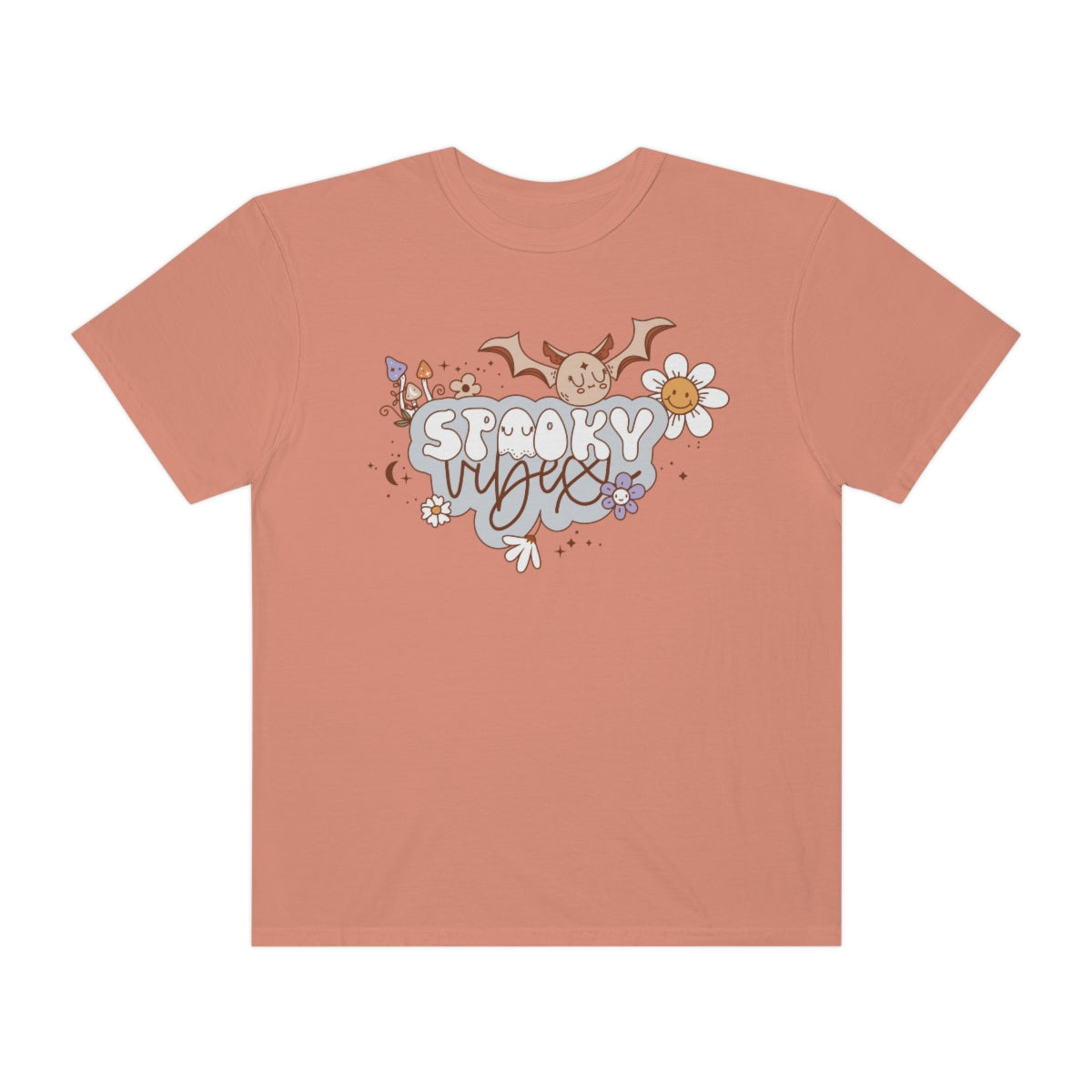 Spooky Vibes Cute Bat with Retro Lettering Design, Halloween Tshirt, Funny Tshirt Design on Unisex Garment-Dyed T-shirt