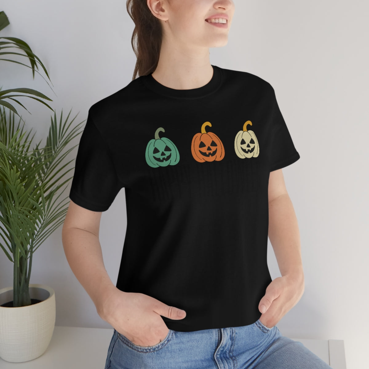 Three Pumpkins Retro Cute Happy Halloween TShirt Design on Unisex Jersey Short Sleeve Tee