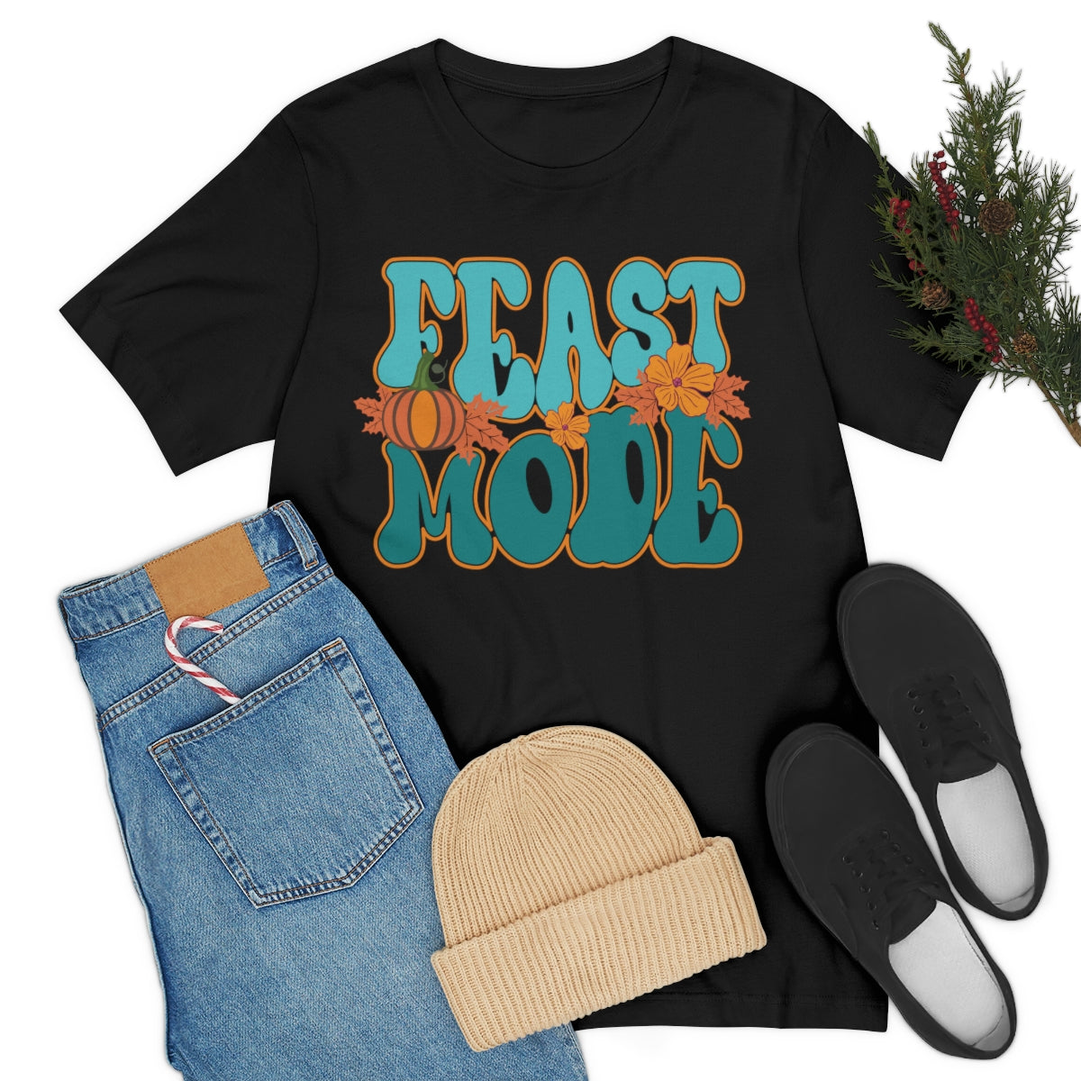 Feast Mode Cute Thanksgiving Tshirt Design | Thanksgiving TShirt | Thanksgiving T-Shirt | Thanksgiving Teeshirt Design on Unisex Jersey Short Sleeve Tee