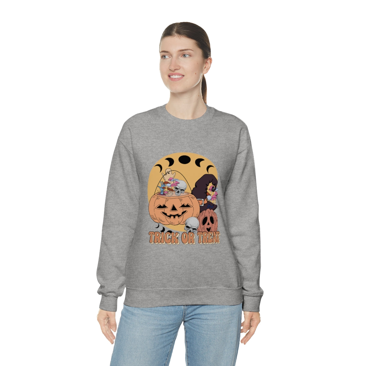 Trick or Treat Vintage Halloween Style Sweatshirt, Halloween Crewneck Sweatshirt, Halloween Sweater, Spooky Season, Fall Theme on Unisex Heavy Blend™ Crewneck Sweatshirt