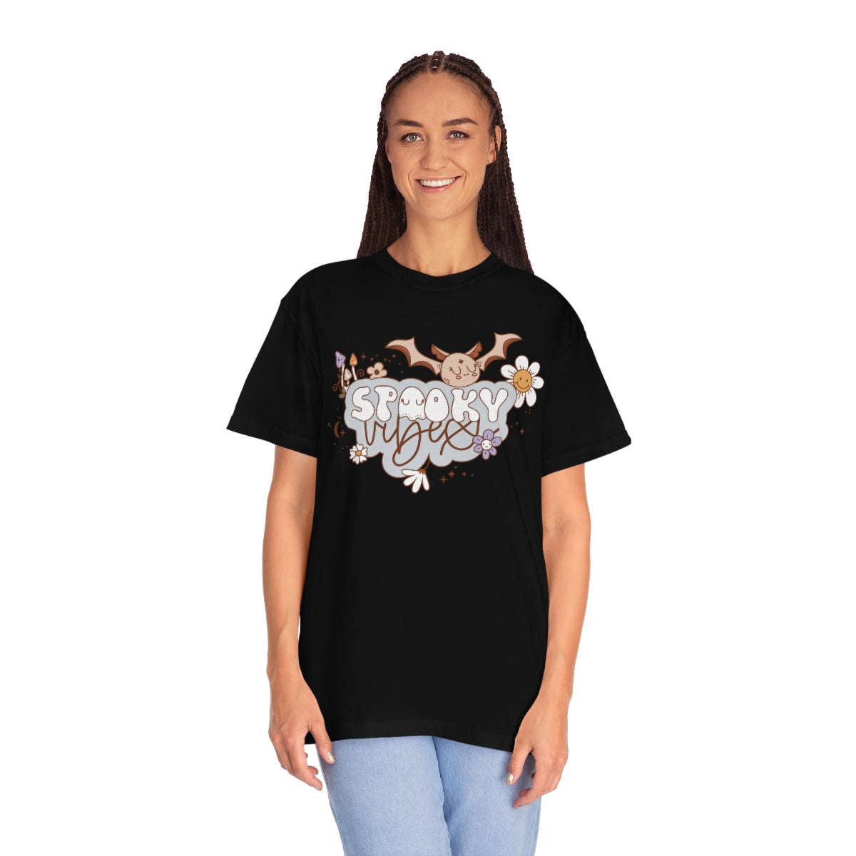 Spooky Vibes Cute Bat with Retro Lettering Design, Halloween Tshirt, Funny Tshirt Design on Unisex Garment-Dyed T-shirt