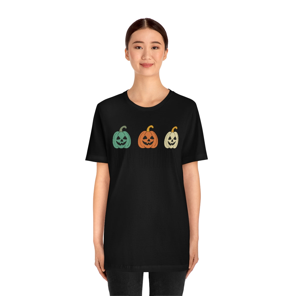 Three Pumpkins Retro Cute Happy Halloween TShirt Design on Unisex Jersey Short Sleeve Tee