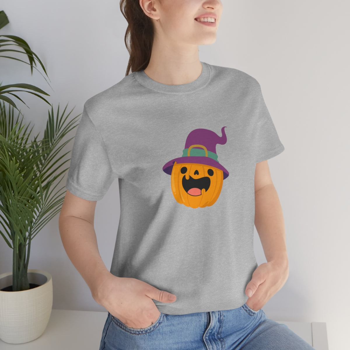 Pumpkin with Purple Hat Happy Halloween Tshirt, Funny Halloween T-Shirt Design on Unisex Jersey Short Sleeve Tee