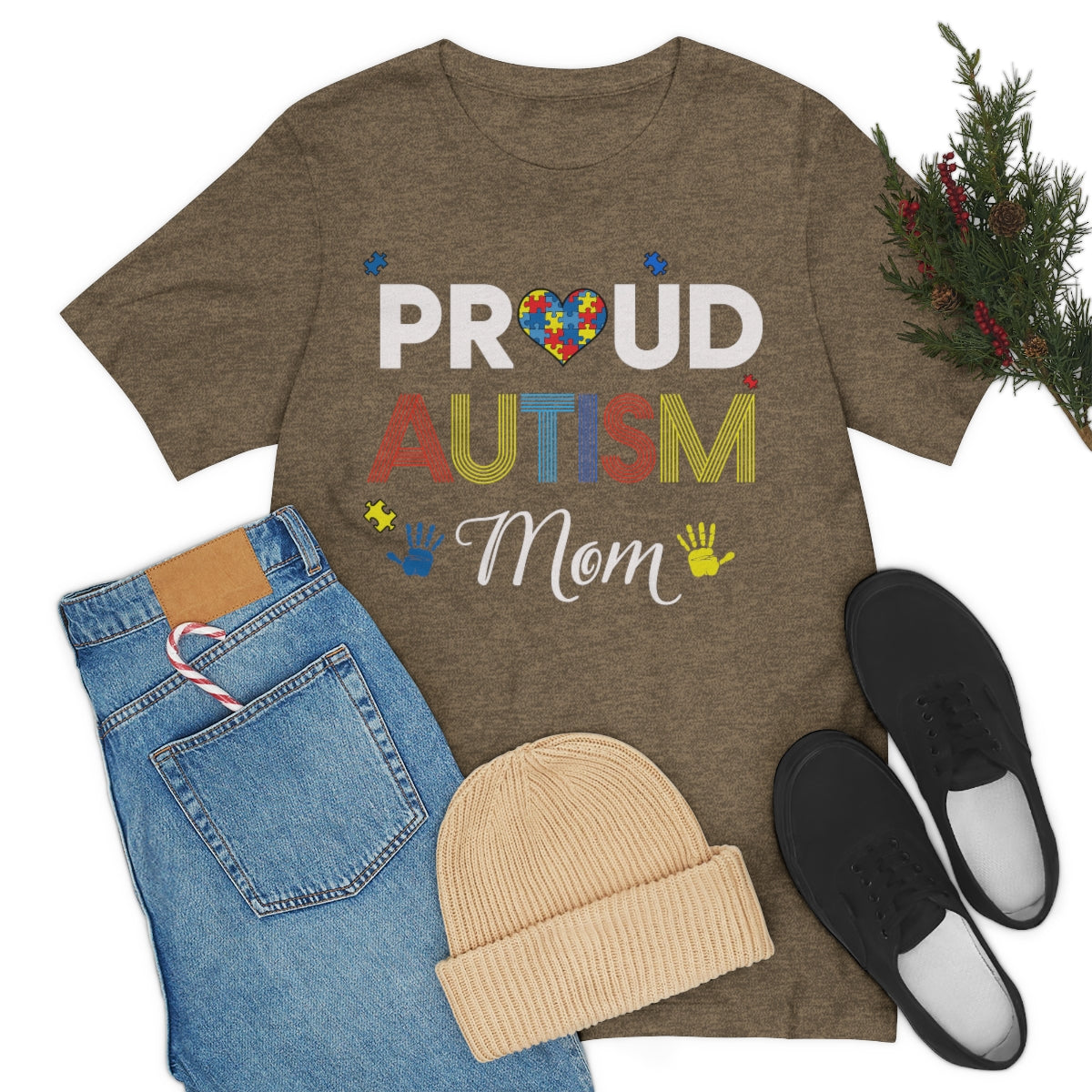 Proud Autism Mom with Handprints Puzzle Pieces Tshirt