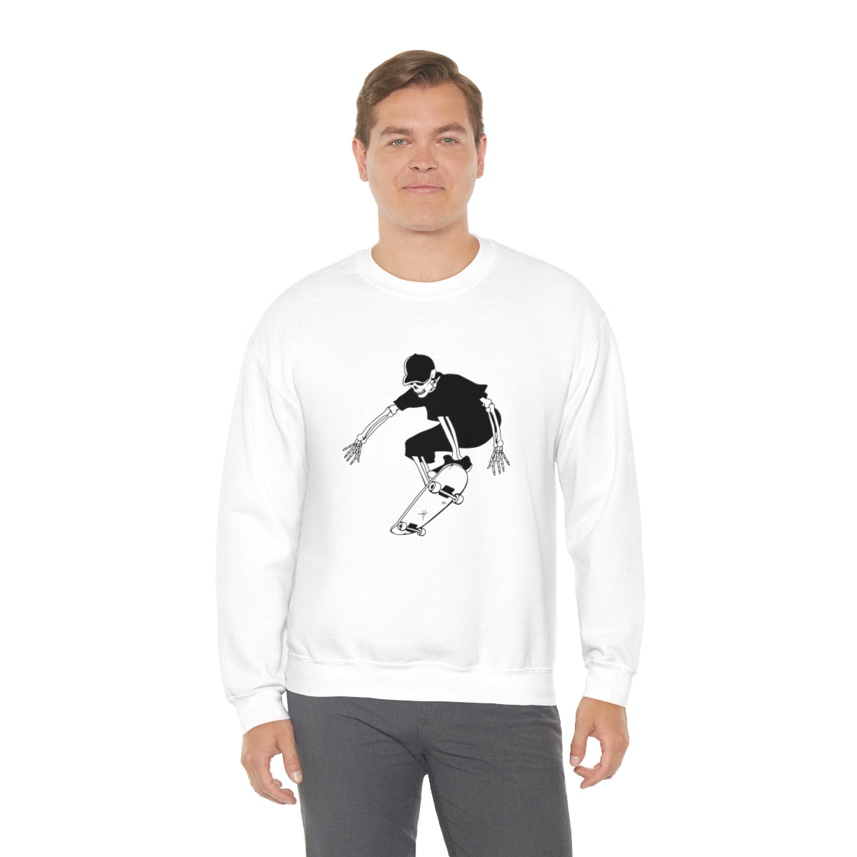 Skateboarding Skeleton Sweatshirt, Halloween Crewneck Sweatshirt, Halloween Sweater, Spooky Season, Fall Theme on Unisex Heavy Blend™ Crewneck Sweatshirt