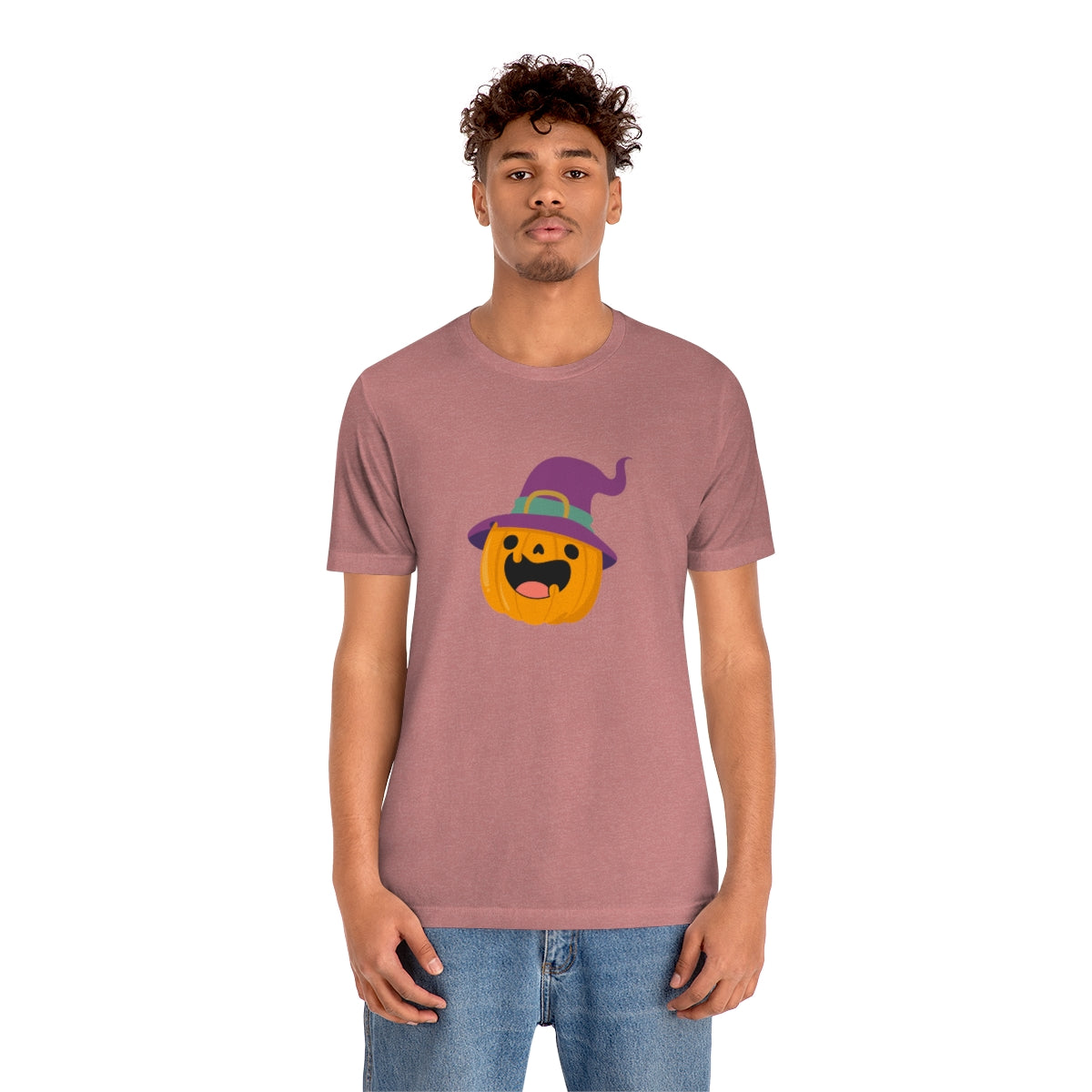 Pumpkin with Purple Hat Happy Halloween Tshirt, Funny Halloween T-Shirt Design on Unisex Jersey Short Sleeve Tee