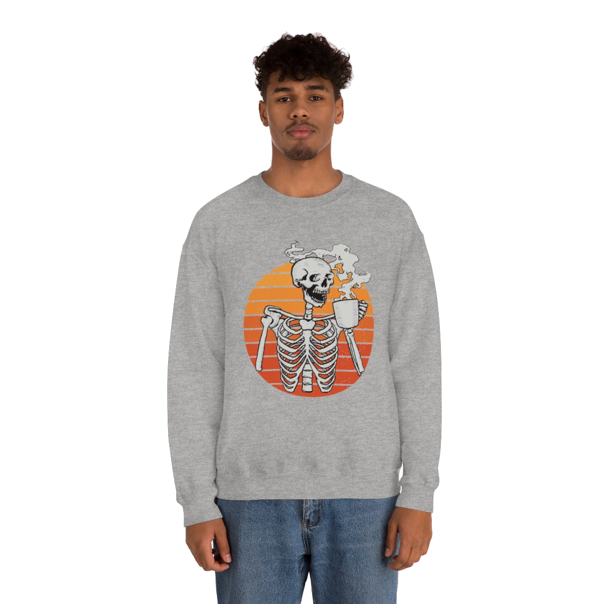 Skeleton Drinking Coffee Sweatshirt, Skeleton Sweater, Coffee Lover Sweatshirt, Halloween Crewneck Sweatshirt, Halloween Sweater, Spooky Season, Fall Shirts on Unisex Heavy Blend™ Crewneck Sweatshirt