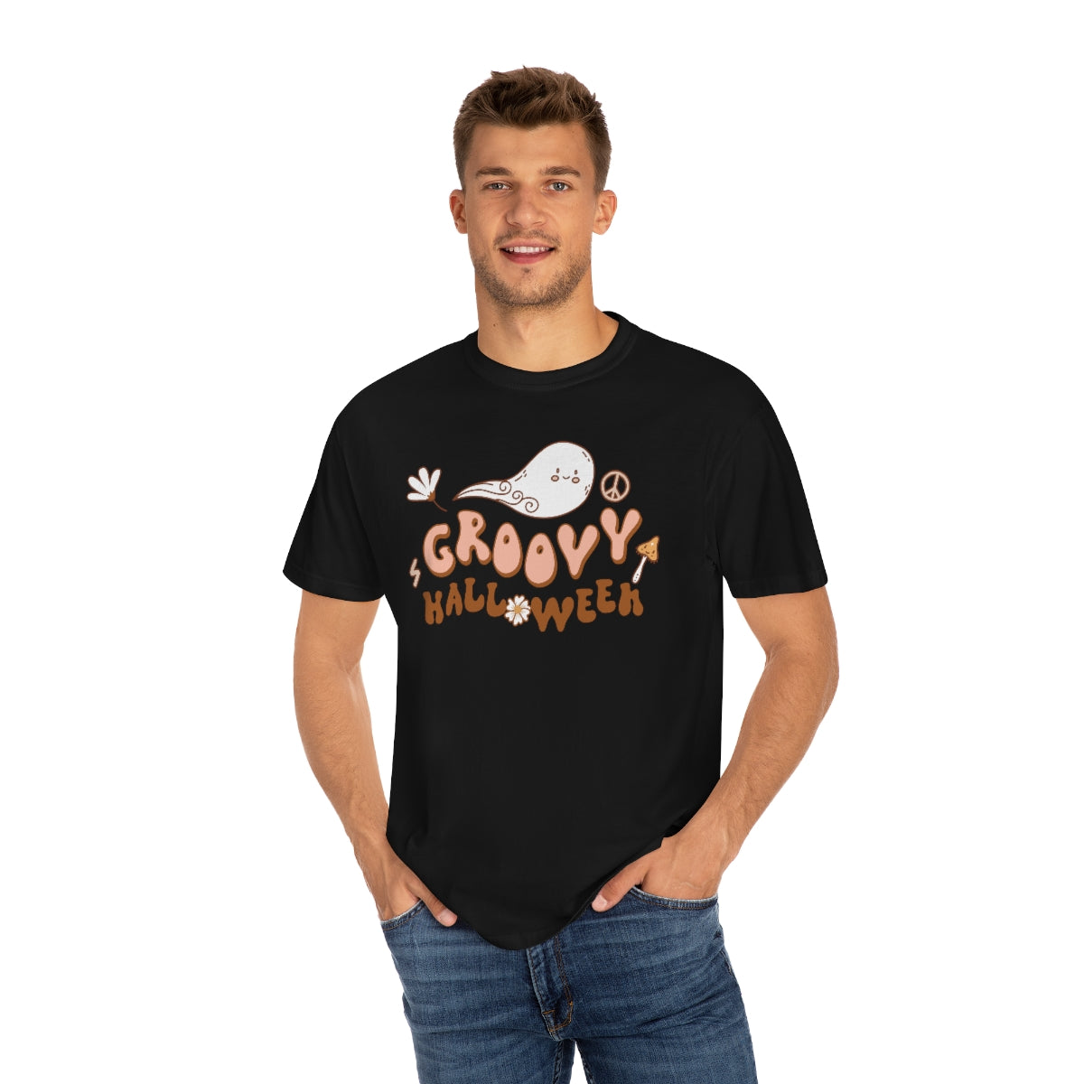 Happy Groovy Halloween Cute Retro Lettering Design, Halloween Tshirt, Funny Tshirt Design on Unisex Garment-Dyed T-shirt