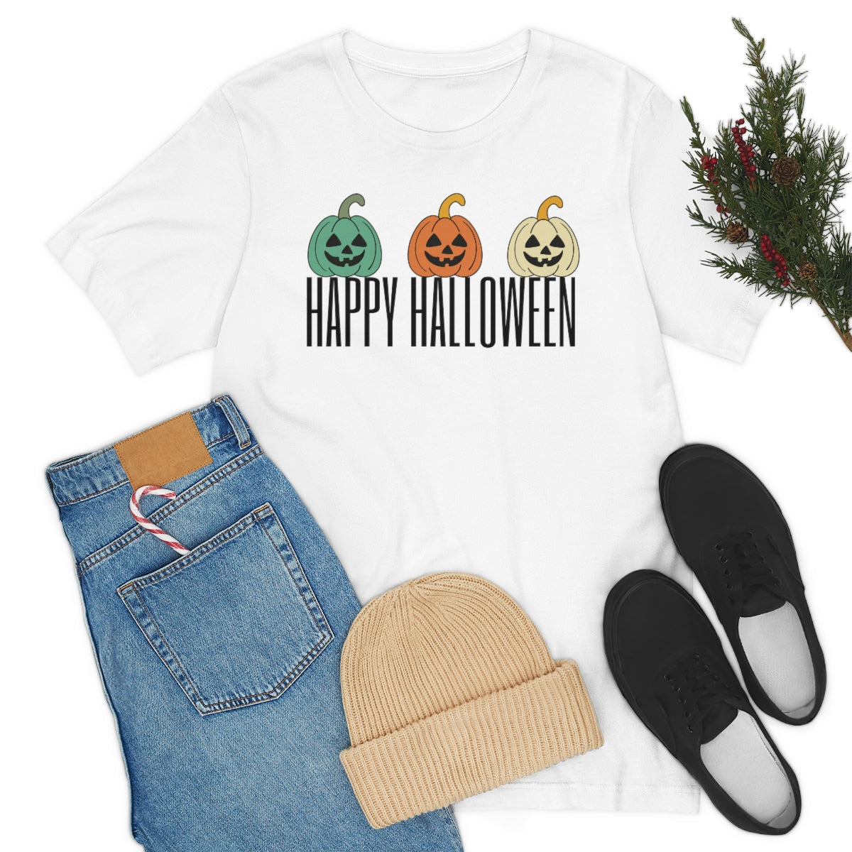 Three Pumpkins Retro Cute Happy Halloween TShirt Design on Unisex Jersey Short Sleeve Tee