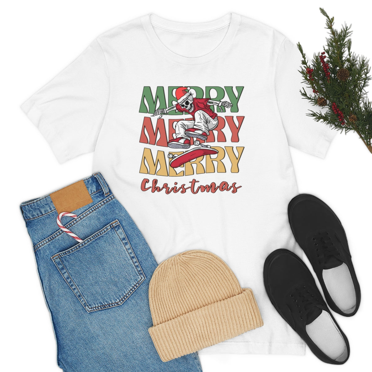 Merry Christmas Skeleton Skateboarding Retro Christmas Tshirt