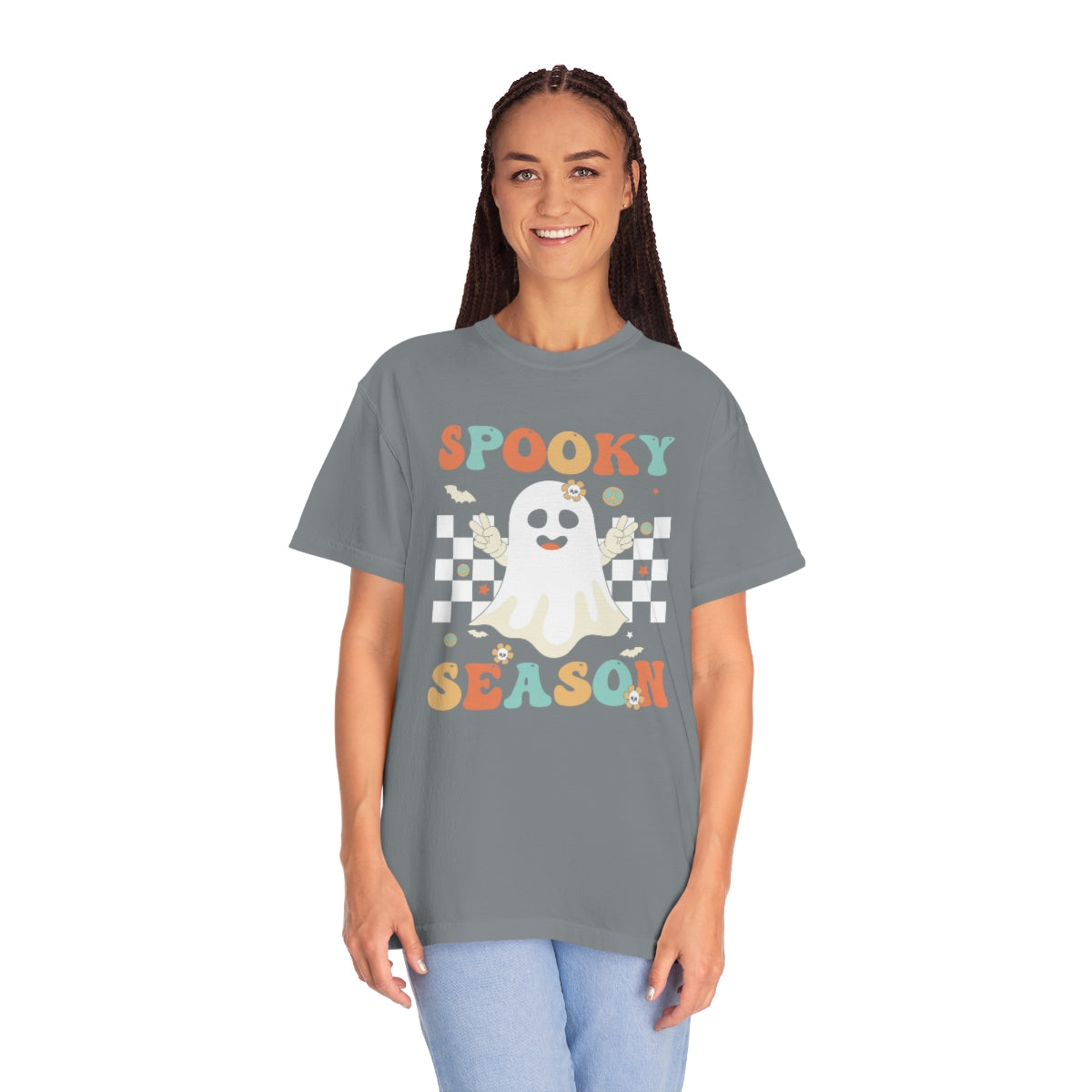 Spooky Season Halloween with Checkerboard Cute Retro Design, Halloween Tshirt, Funny Tshirt Design on Unisex Garment-Dyed T-shirt