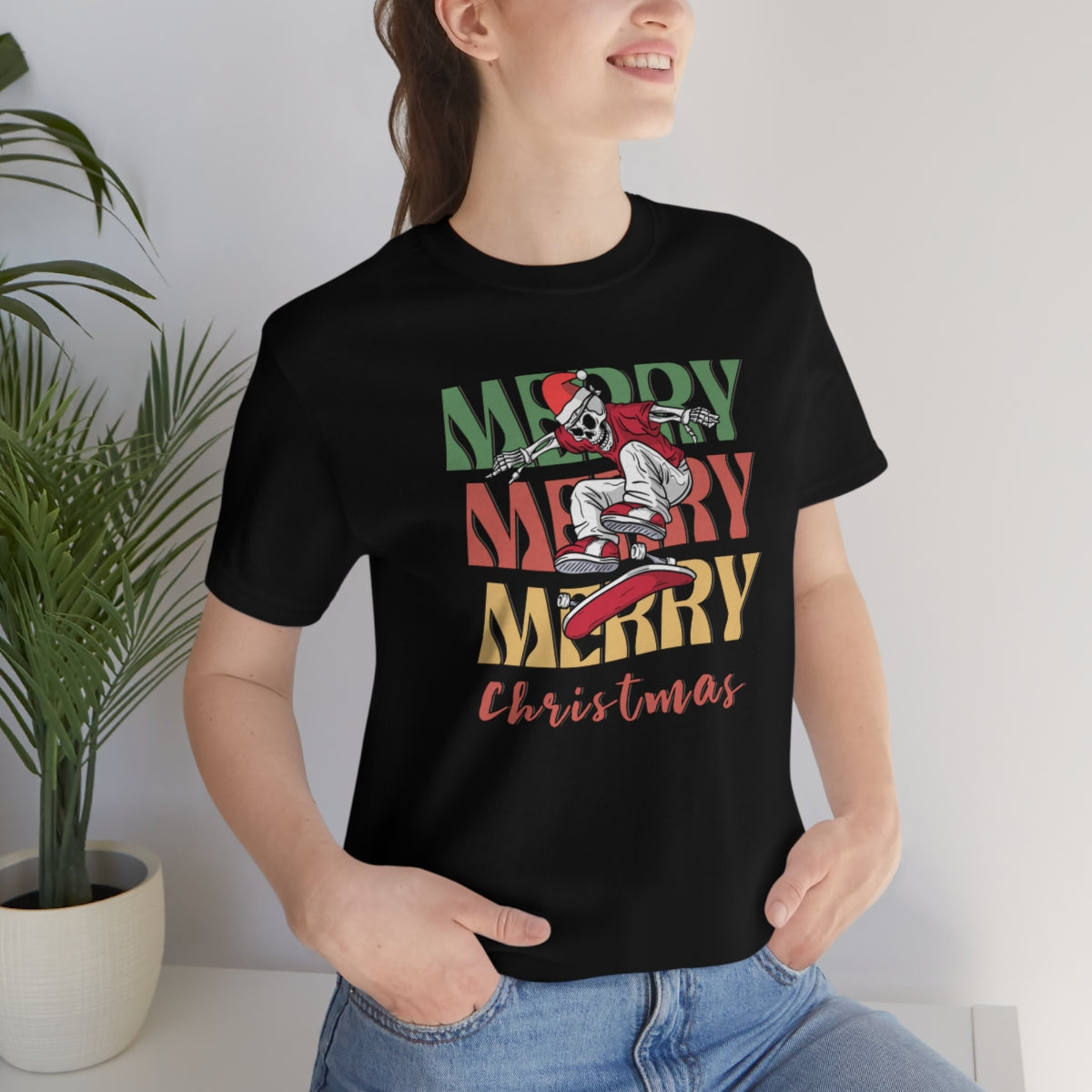 Merry Christmas Skeleton Skateboarding Retro Christmas Tshirt