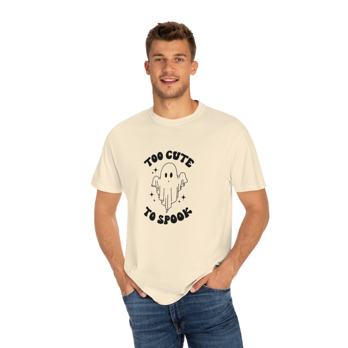 Too Cute to Spook Ghost Halloween Tshirt Design on Unisex Garment-Dyed T-shirt