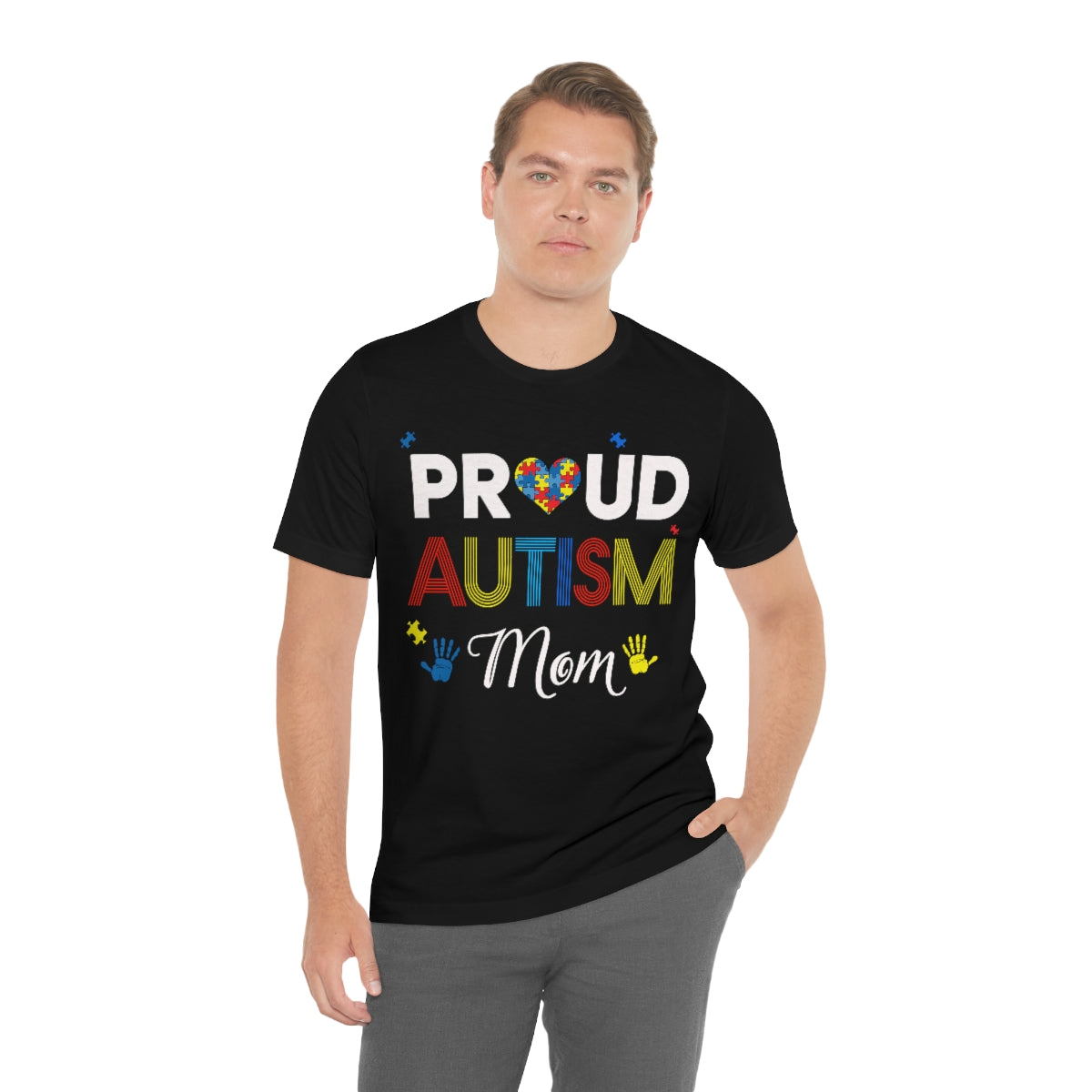 Proud Autism Mom with Handprints Puzzle Pieces Tshirt