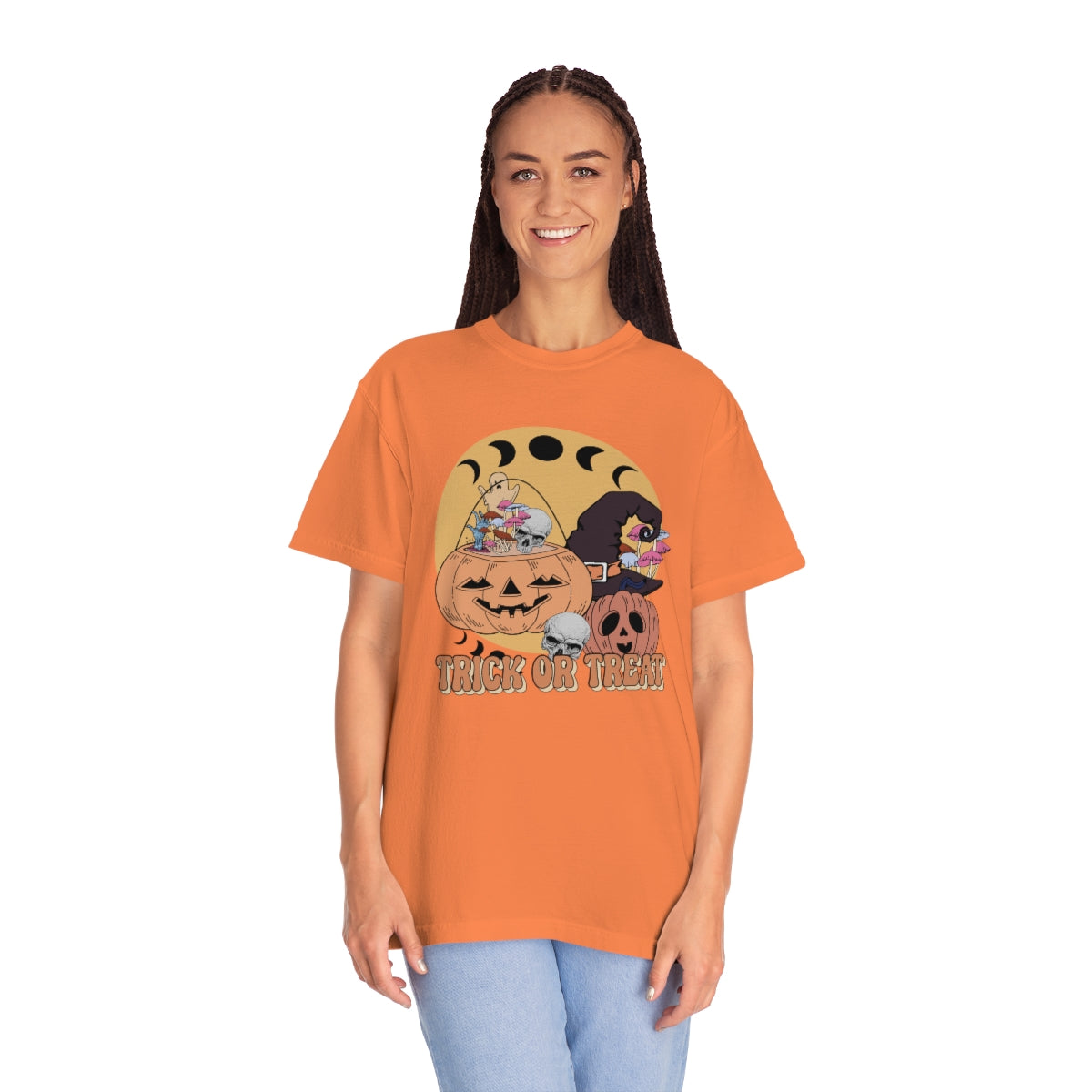 Trick or Treat Retro Vintage Style Halloween Teeshirt Design on Unisex Garment-Dyed T-shirt