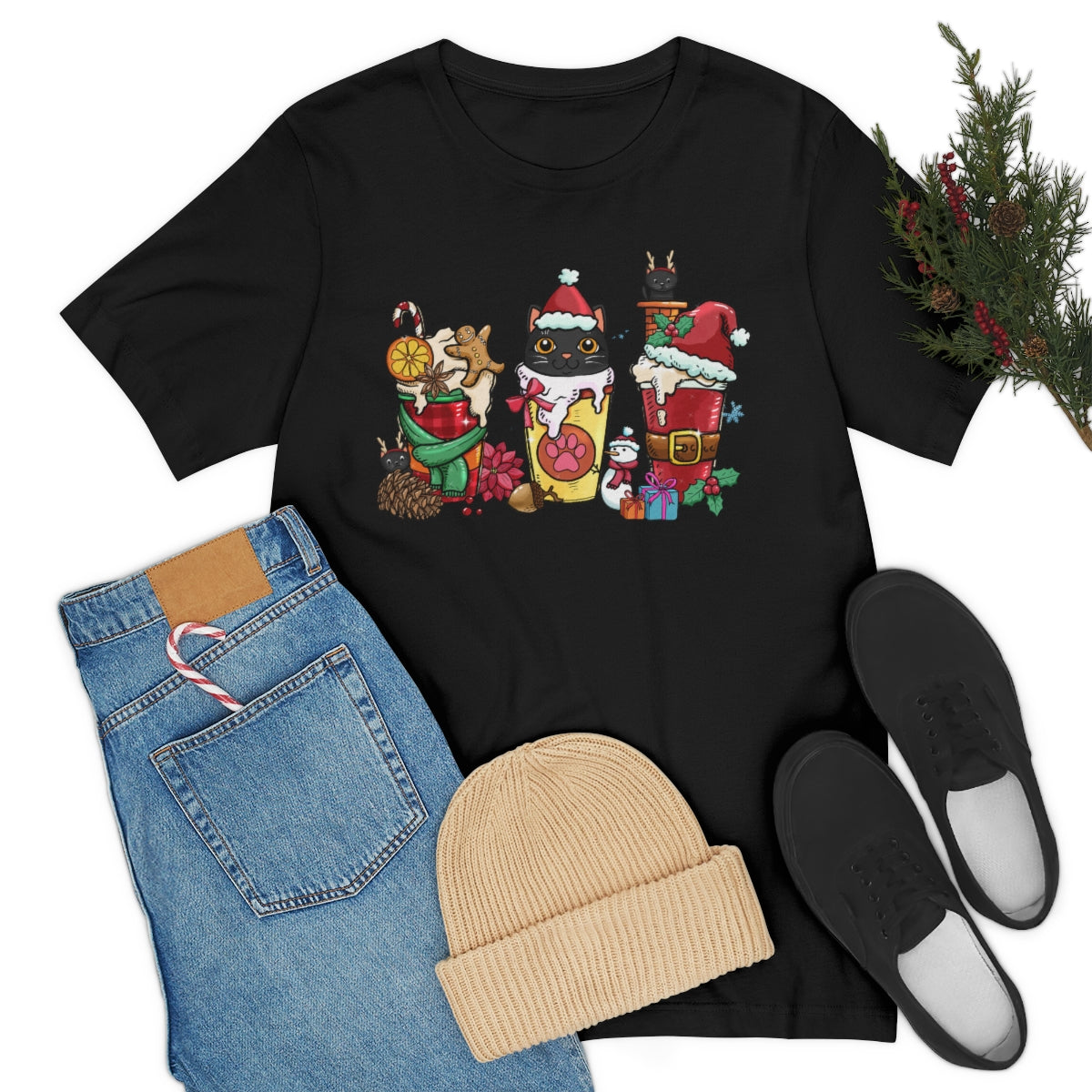 Black Cat Christmas Coffee Xmas Tshirt