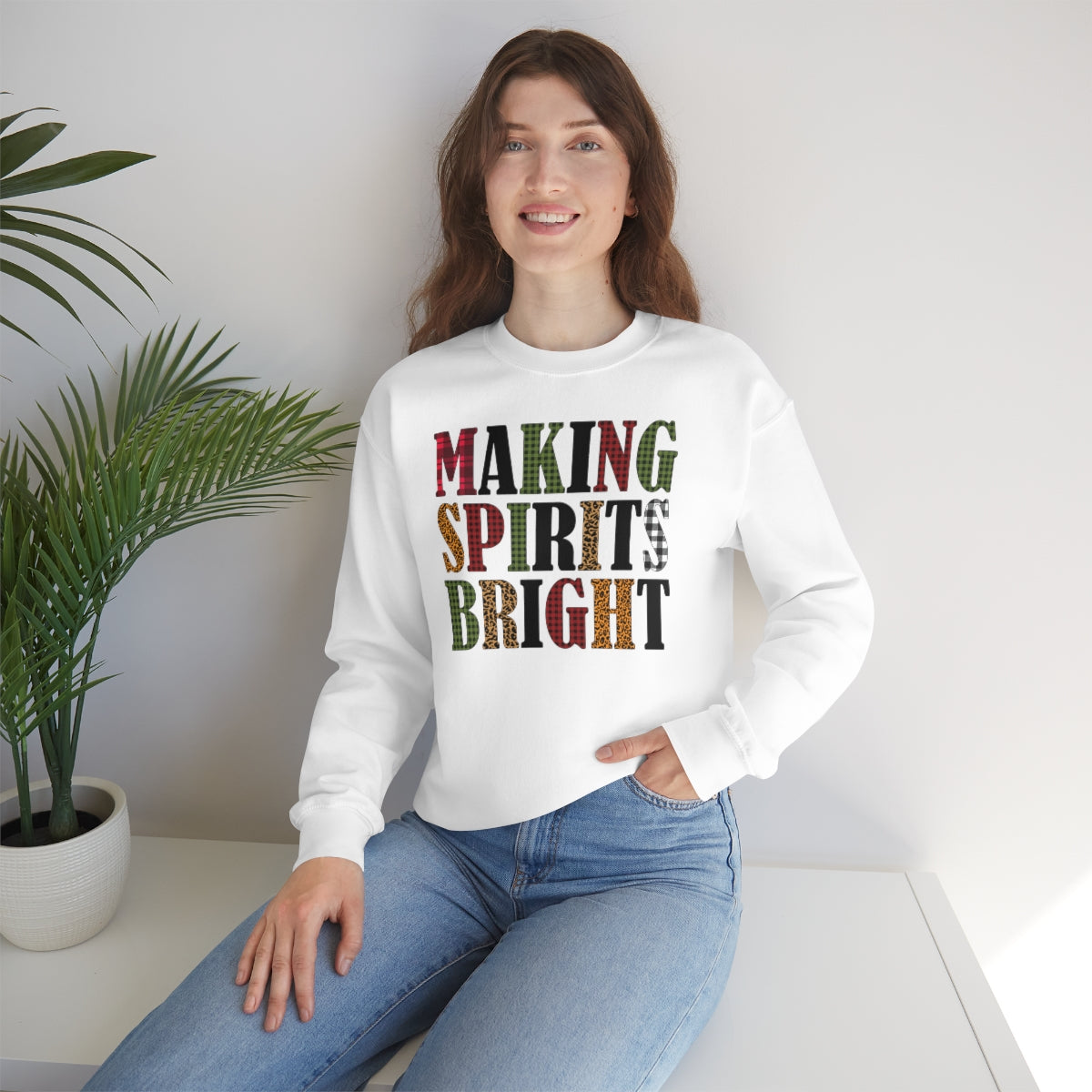 Making Spirits Bright Plaid Lettering Christmas Sweatshirt