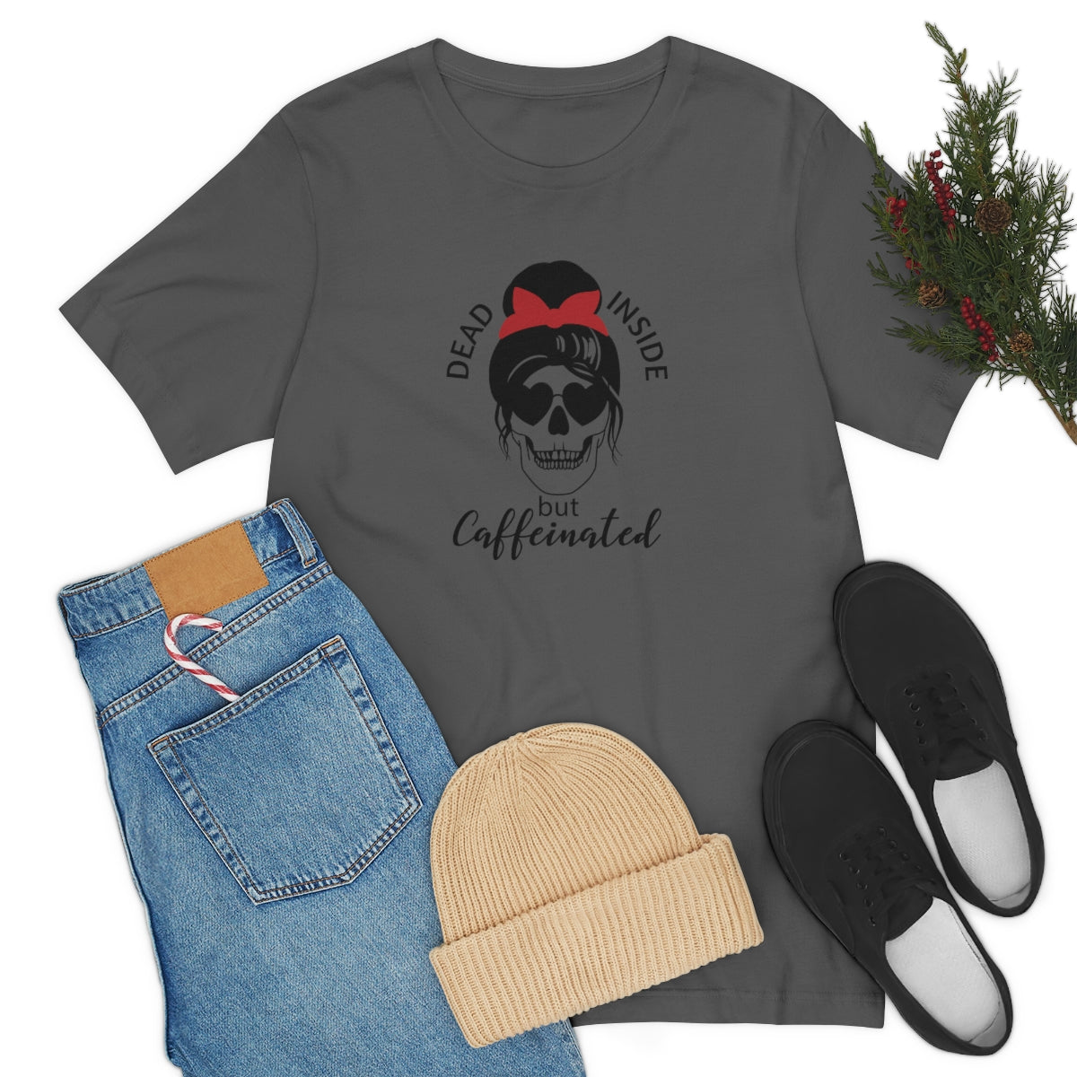 Dead Inside but Caffeinated Skeleton TShirt, Funny Shirt, Halloween Coffee Lover Gift on Unisex Jersey Short Sleeve Tee