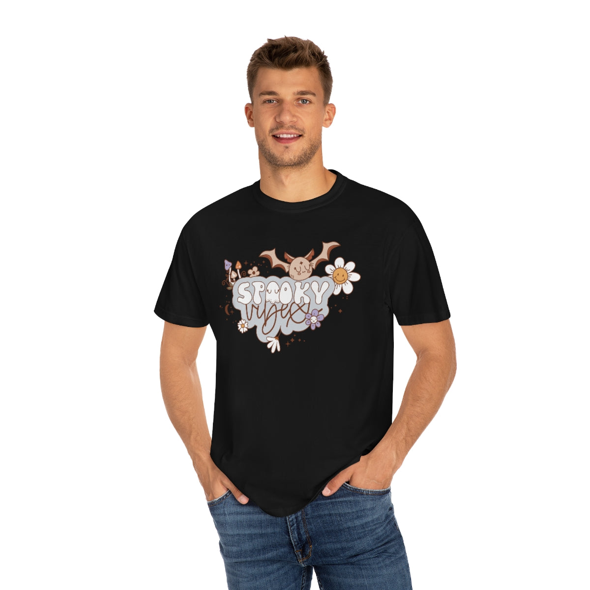 Spooky Vibes Cute Bat with Retro Lettering Design, Halloween Tshirt, Funny Tshirt Design on Unisex Garment-Dyed T-shirt