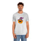 Pumpkin with Purple Hat Happy Halloween Tshirt, Funny Halloween T-Shirt Design on Unisex Jersey Short Sleeve Tee