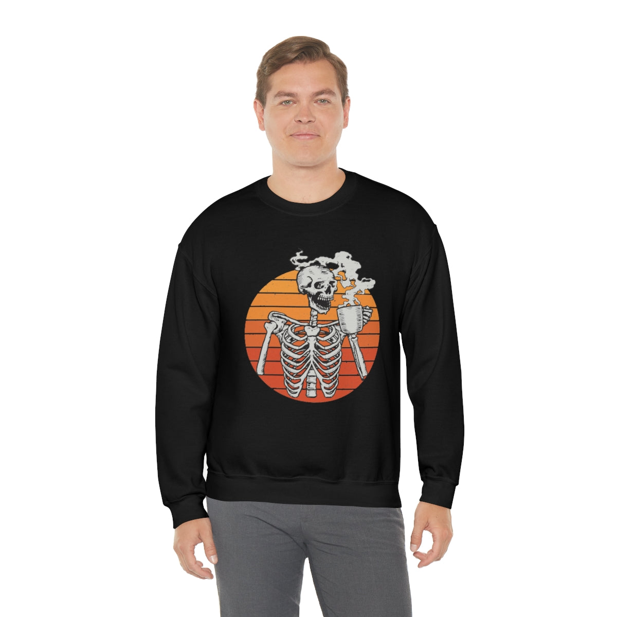 Skeleton Drinking Coffee Sweatshirt, Skeleton Sweater, Coffee Lover Sweatshirt, Halloween Crewneck Sweatshirt, Halloween Sweater, Spooky Season, Fall Shirts on Unisex Heavy Blend™ Crewneck Sweatshirt