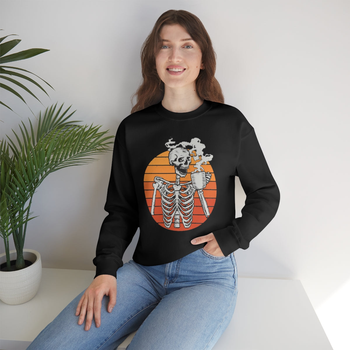 Skeleton Drinking Coffee Sweatshirt, Skeleton Sweater, Coffee Lover Sweatshirt, Halloween Crewneck Sweatshirt, Halloween Sweater, Spooky Season, Fall Shirts on Unisex Heavy Blend™ Crewneck Sweatshirt