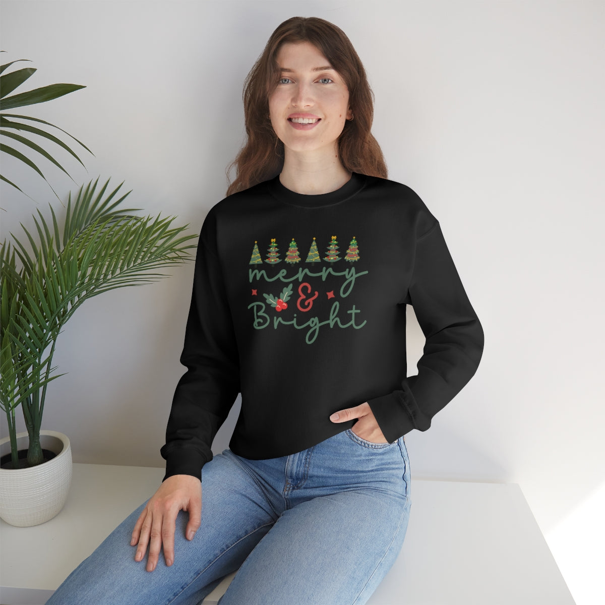 Cute Merry & Bright Christmas Trees Lights Xmas Holiday Sweatshirt