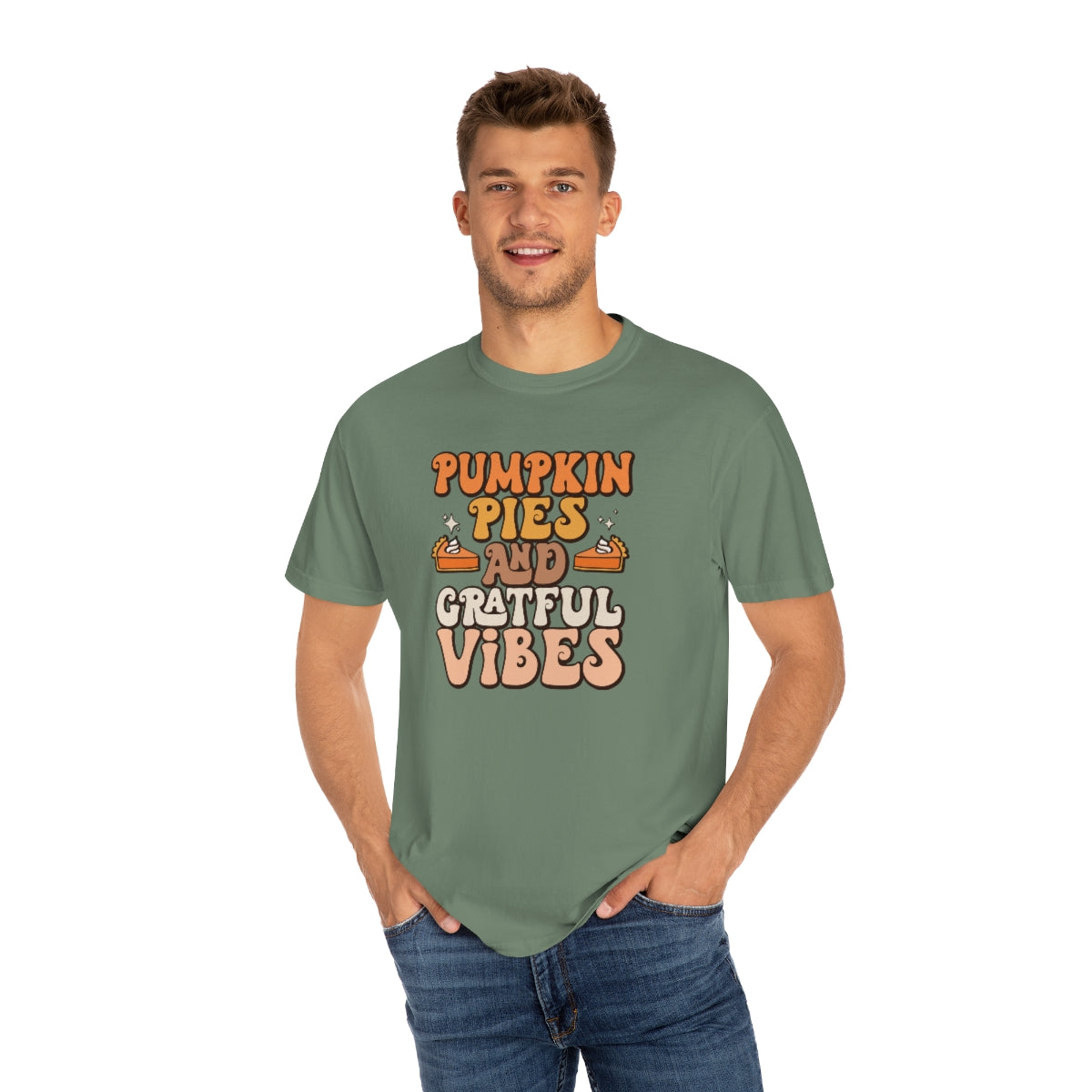 Pumpkin Pies & Grateful Vibes Thanksgiving TeeShirt Design | Thanksgiving T-Shirt | Retro Thanksgiving Shirt Design | Thanksgiving TShirt | Thanksgiving Lover Shirt | Funny Thanksgiving Tee Shirt Design on Unisex Garment-Dyed T-shirt