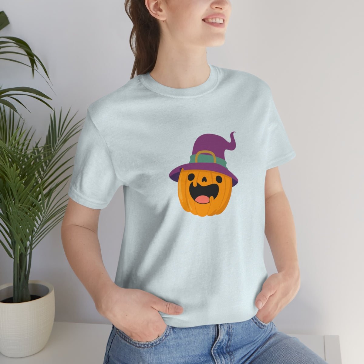 Pumpkin with Purple Hat Happy Halloween Tshirt, Funny Halloween T-Shirt Design on Unisex Jersey Short Sleeve Tee