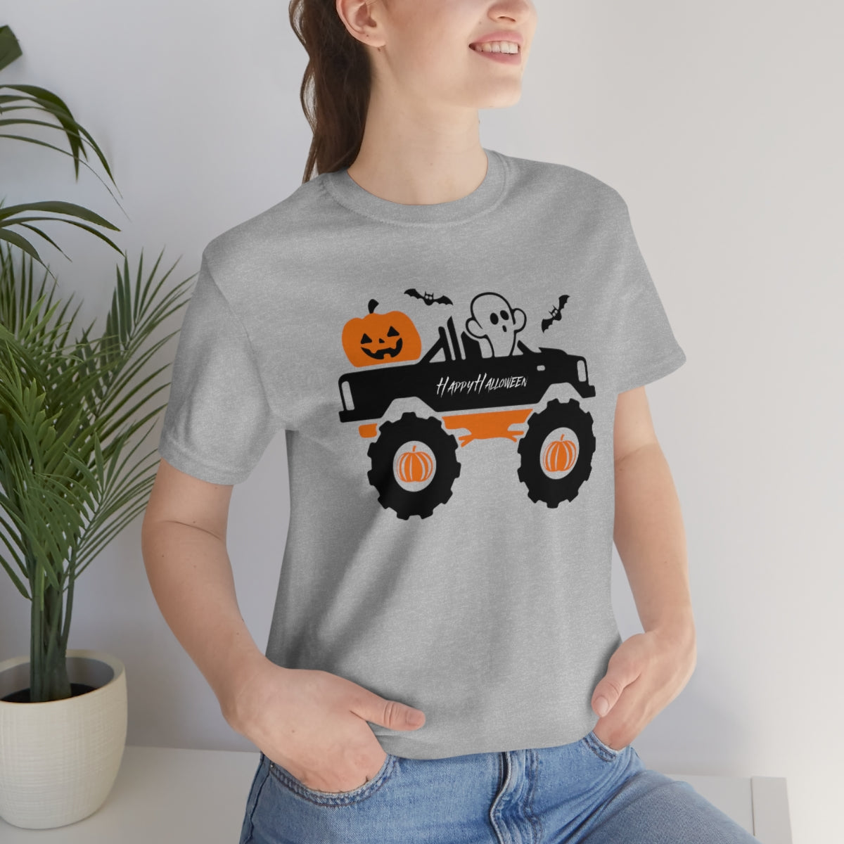 Big Rig Ghost Happy Halloween, Pumpkin Tshirt, Funny TShirt Design on Unisex Jersey Short Sleeve Tee