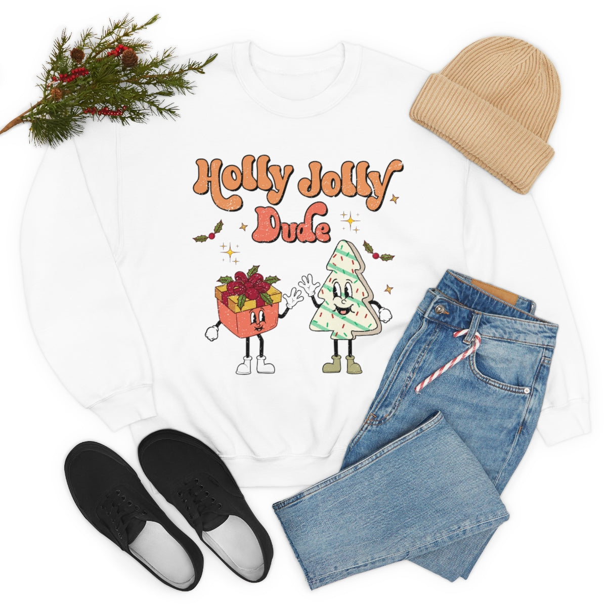 Holly Jolly Dude Groovy Retro Vintage Style Christmas Xmas Holiday Sweatshirt