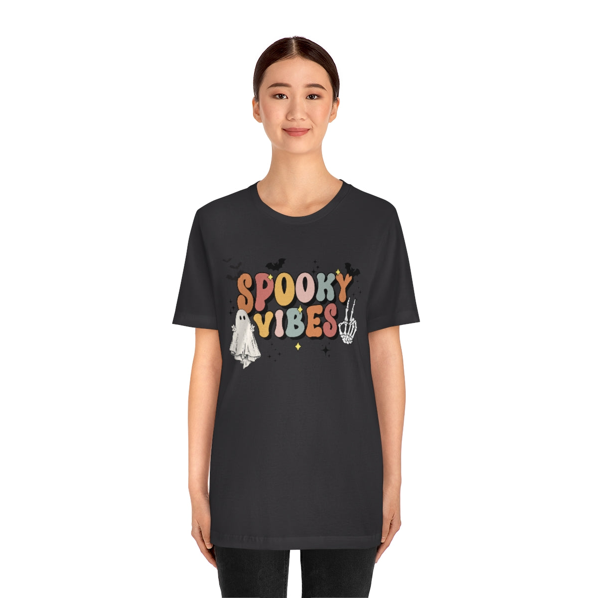 Spooky Vibes Retro Letters with Ghost TShirt, Funny Shirt, Halloween Lover Gift on Unisex Jersey Short Sleeve Tee