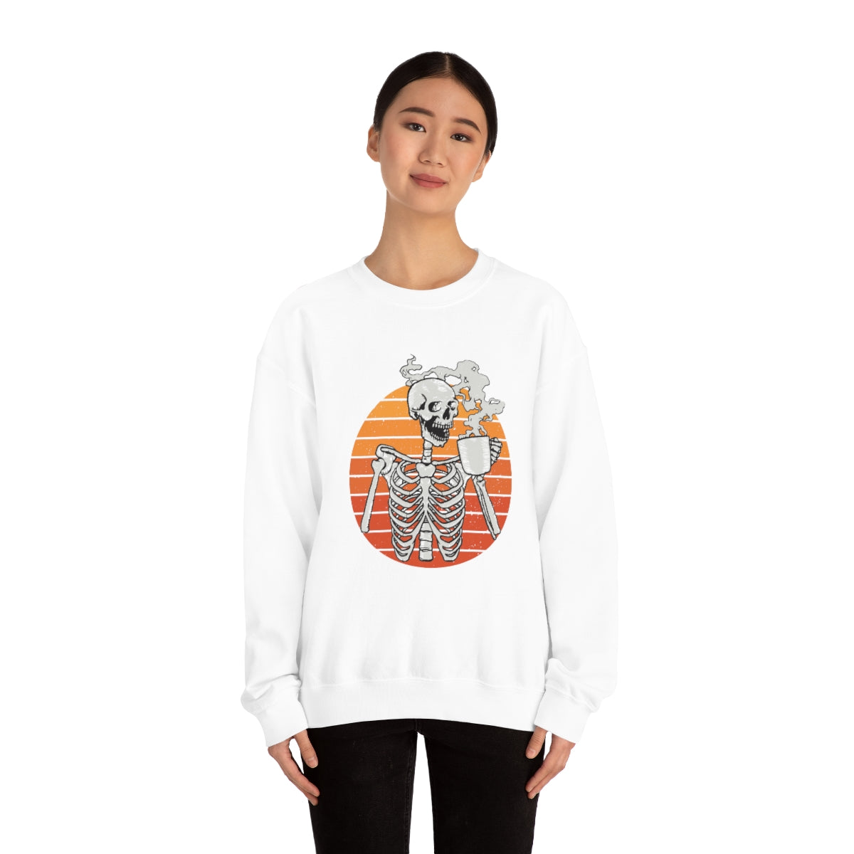 Skeleton Drinking Coffee Sweatshirt, Skeleton Sweater, Coffee Lover Sweatshirt, Halloween Crewneck Sweatshirt, Halloween Sweater, Spooky Season, Fall Shirts on Unisex Heavy Blend™ Crewneck Sweatshirt