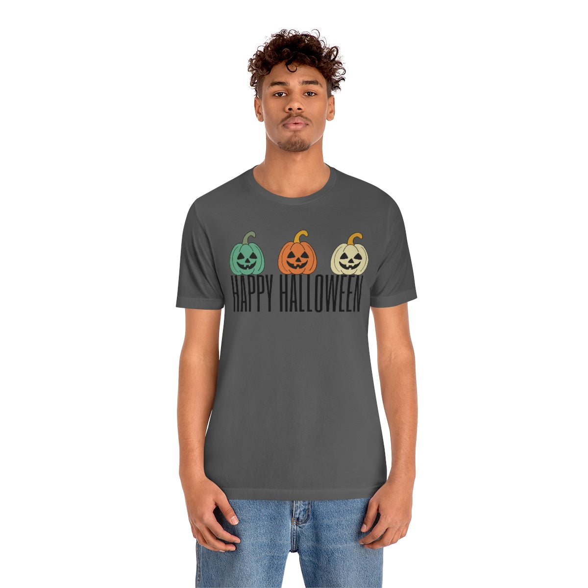 Three Pumpkins Retro Cute Happy Halloween TShirt Design on Unisex Jersey Short Sleeve Tee