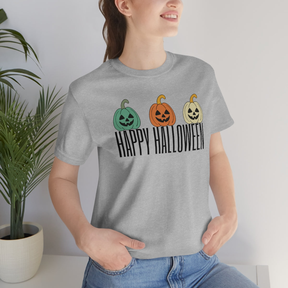 Three Pumpkins Retro Cute Happy Halloween TShirt Design on Unisex Jersey Short Sleeve Tee