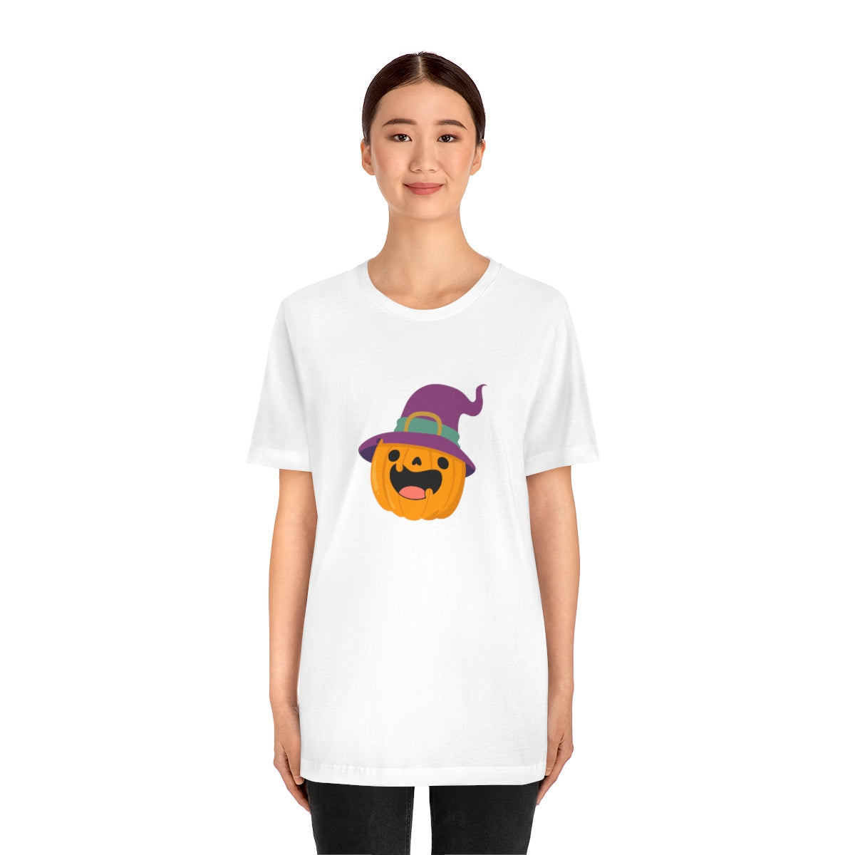 Pumpkin with Purple Hat Happy Halloween Tshirt, Funny Halloween T-Shirt Design on Unisex Jersey Short Sleeve Tee