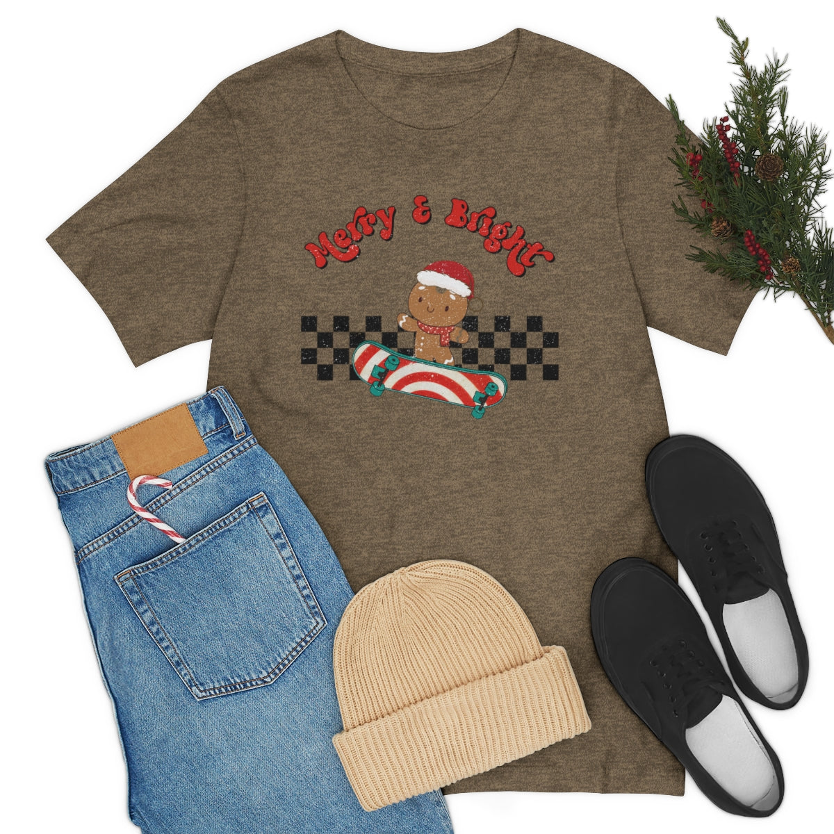 Merry & Bright Skating Gingerbread Christmas Tshirt