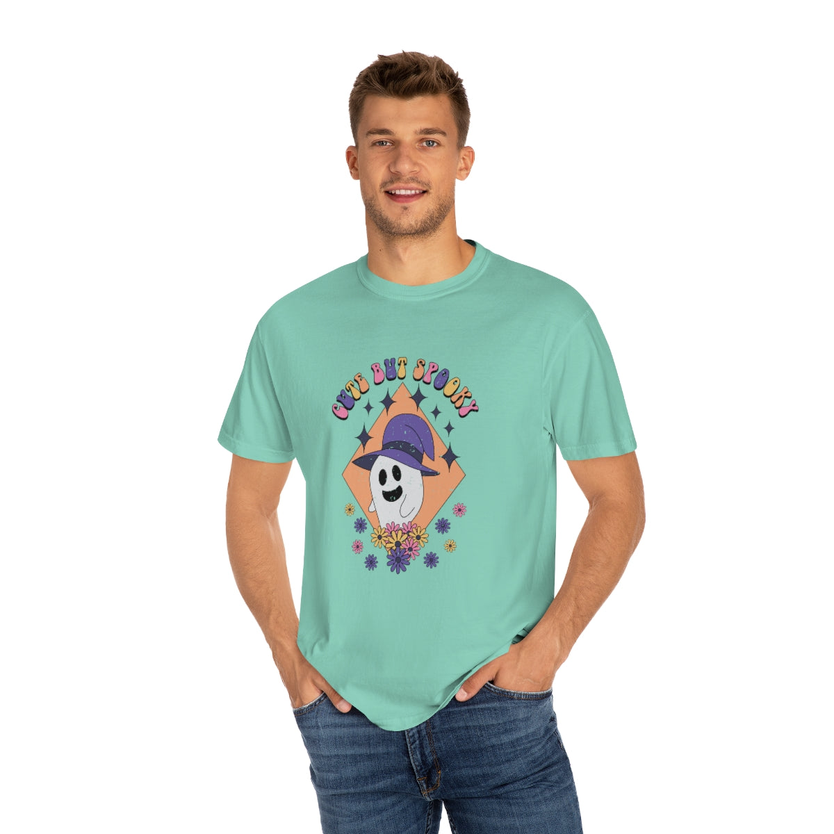 Cute but Spooky Cute Retro Halloween Teeshirt Design on Unisex Garment-Dyed T-shirt