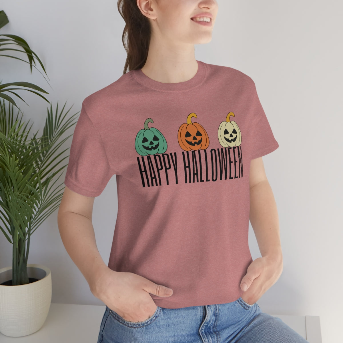 Three Pumpkins Retro Cute Happy Halloween TShirt Design on Unisex Jersey Short Sleeve Tee