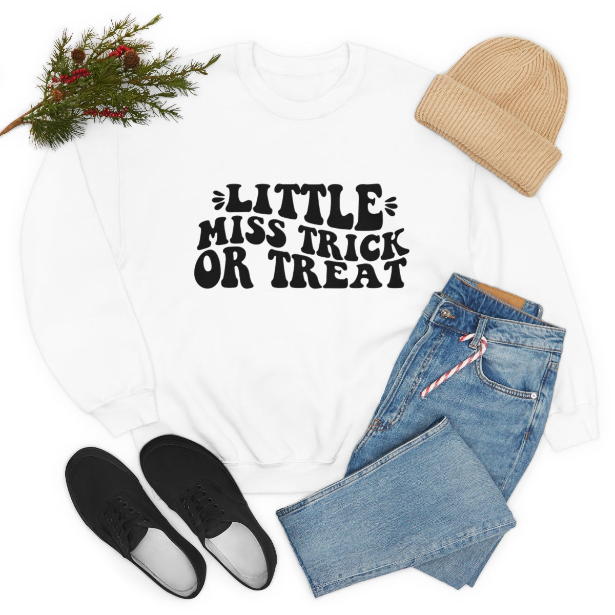 Little Miss Trick or Treat Halloween Sweatshirt, Crewneck Sweatshirt, Halloween Sweater, Spooky Season, Fall Theme on Unisex Heavy Blend™ Crewneck Sweatshirt