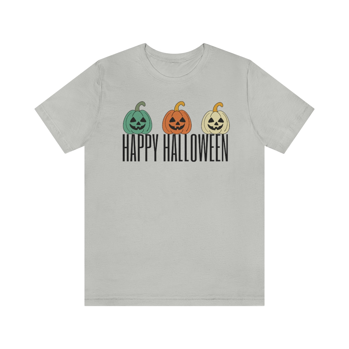 Three Pumpkins Retro Cute Happy Halloween TShirt Design on Unisex Jersey Short Sleeve Tee